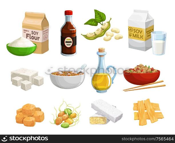 Soy food and vegan products, organic healthy natural nutrition. Vector soy food products, meat and cheese, milk and oil, soybeans sprouts, butter and flour, tofu skin and vegan eating ingredients. Natural organic soy food products and healthy meal