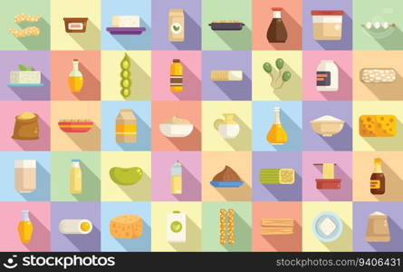 Soy food icons set flat vector. Drink food. Cook plant. Soy food icons set flat vector. Drink food