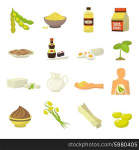 Soy Food Icons. Soy food icons - soy milk soy beans soy sauce soy meat tofu soy oil vector illustration