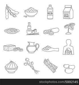 Soy food line set. Soy food line icons set with healthy vegetarian organic products isolated vector illustration
