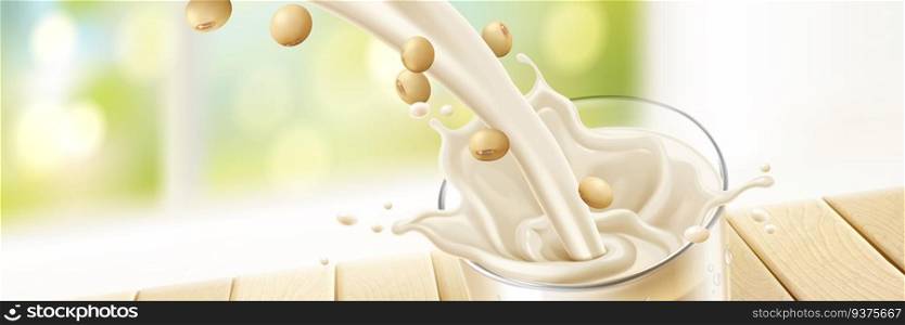 Soy milk background, soy milk pouring down in to glass cup in 3d illustration, bokeh natural background. Soy milk background