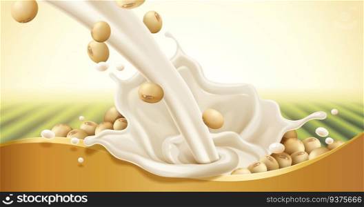 Soy milk pouring down, soy bean and milk isolated on natural green field and golden banner in 3d illustration. Soy milk pouring down