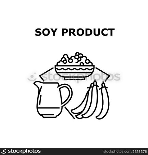 Soy Product Vector Icon Concept. Natural Raw Peas, Delicious Vegetarian Porridge Meal Plate And Milky Drink Carafe Soy Product. Healthcare Vitamin Food And Beverage Black Illustration. Soy Product Vector Concept Black Illustration