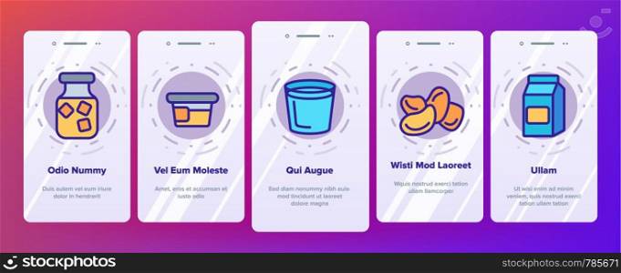 Soy Products, Food Linear Vector Onboarding Mobile App Page Screen. Vegetarian Soy Food Symbols Pack. Vegan Ingredients Pictograms Collection. Cooking Signs. Eco, Natural meat substitutes Illustration. Soy Products, Food Linear Vector Onboarding