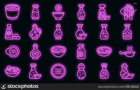 Soy sauce icons set. Outline set of soy sauce vector icons neon color on black. Soy sauce icons set vector neon