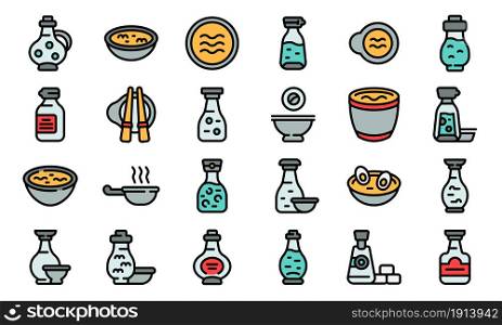 Soy sauce icons set. Outline set of soy sauce vector icons thin line color flat isolated on white. Soy sauce icons set line color vector
