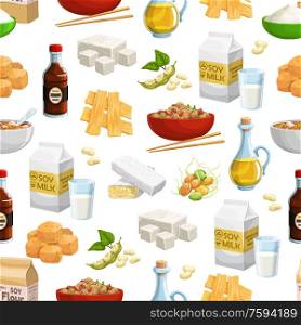 Soybean food vector seamless pattern. Background with soy milk, oil and sauce bottles, tofu, tempeh and miso paste, flour, noodles and meat, tofu skin and sprouted seeds of edamame. Soy beans, milk, oil and tofu seamless pattern