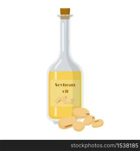 Soybean oil in glass packaging flat. Soy plant, beans and glass bottle isolated on white background vector illustration.