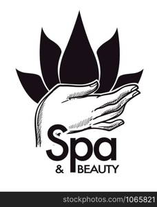 Spa and beauty, cosmetic procedures, aromatherapy in salon vector. Usage of oils from bottle glass, flowers and blossom based liquids, monochrome sketch outline with text and lotion container. Spa and beauty, cosmetic procedures, aromatherapy in salon vector.