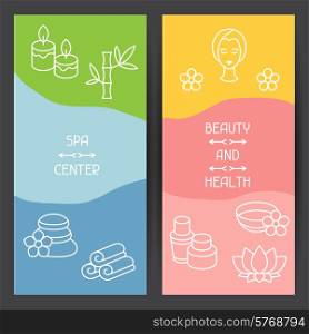 Spa and recreation banners with icons in linear style.. Spa and recreation banners with icons in linear style
