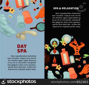 Spa and relaxation day vertical promotional posters set. Equipment for massages and beauty procedures, warm towels, aromatic candles and bottles with nail polishes cartoon flat vector illustrations.. Spa and relaxation day vertical promotional posters set