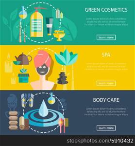 Spa And Wellness Banners Set. Spa and wellness horizontal banners set with cosmetics and body care flat isolated vector illustration