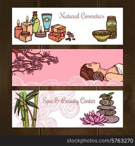 Spa beauty center natural cosmetics sketch horizontal banners set isolated vector illustration. Spa Banners Set