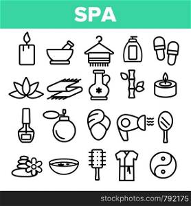 Spa Beauty Service Linear Vector Icons Set. Spa Treatments Thin Line Contour Symbols. Asian Therapy, Alternative Medicine, Relaxation, Massage, Aromatherapy. Beauty Salon Items Outline Illustrations. Spa Beauty Service Linear Vector Icons Set