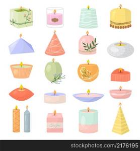 Spa candles. Aroma decoration items for relax room beeswax light colored candles recent vector flat pictures set. Illustration candle aromatherapy, wellness therapy and spa. Spa candles. Aroma decoration items for relax room beeswax light colored candles recent vector flat pictures set