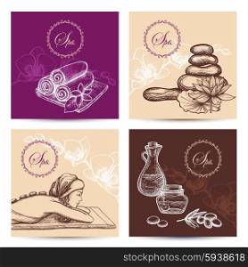 Spa cards set with hand drawn woman silhouette stones and aroma oils isolated vector illustration. Spa Cards Set