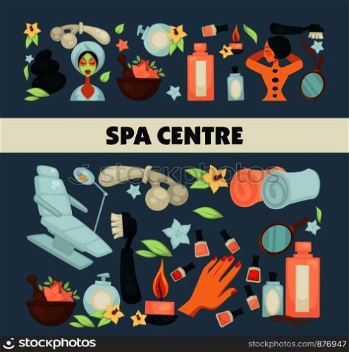 Spa center poster with text and items for relaxation vector. Procedures with hot steam, cosmetic body healthcare, woman with cucumber mask on face, towels oils for skin regeneration and rejuvenation. Spa center poster with text and items vector