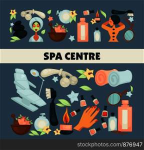 Spa center poster with text and items for relaxation vector. Procedures with hot steam, cosmetic body healthcare, woman with cucumber mask on face, towels oils for skin regeneration and rejuvenation. Spa center poster with text and items vector
