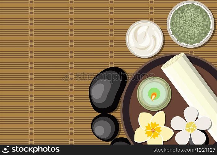 Spa concept with salt, mint, lotion, towel, candle, stone and flower. SPA beauty and health concept. Vector illustration in flat style. Spa concept with salt, mint,