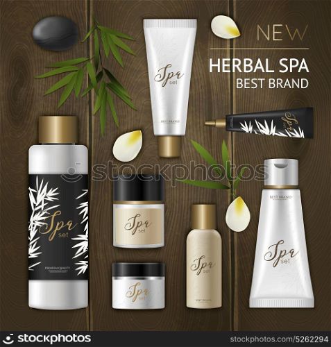 Spa Cosmetic Composition. Colored spa cosmetic composition with cosmetic package icon set on wooden background and herbal spa best brand headline vector illustration