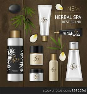 Spa Cosmetic Composition. Colored spa cosmetic composition with cosmetic package icon set on wooden background and herbal spa best brand headline vector illustration