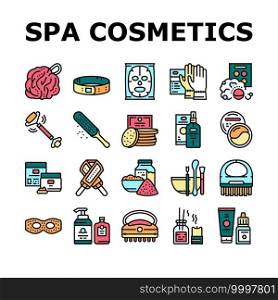 Spa Cosmetics Beauty Collection Icons Set Vector. Spa Cosmetics And Accessories, Mask And Aqua Bomb, Special Gloves And Brush Concept Linear Pictograms. Contour Color Illustrations. Spa Cosmetics Beauty Collection Icons Set Vector