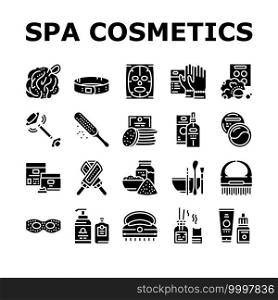 Spa Cosmetics Beauty Collection Icons Set Vector. Spa Cosmetics And Accessories, Mask And Aqua Bomb, Special Gloves And Brush Glyph Pictograms Black Illustrations. Spa Cosmetics Beauty Collection Icons Set Vector