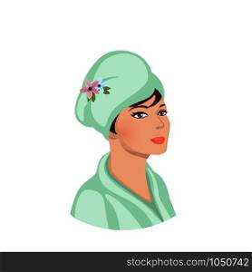 Spa Cosmetics Procedure in Salon or Bathroom, Woman in Bath Robe Wrap in Towel Turban on Head. Portrait Isolated on White Background. Wellness Shower Routine Hygiene Cartoon Flat Illustration. Spa Cosmetics Procedure in Salon or Bathroom.
