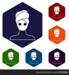 Spa facial clay mask icons set rhombus in different colors isolated on white background. Spa facial clay mask icons set