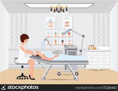 Spa facial massage treatment with ozone facial steamer on bed in spa center,interior, women facing the steam, beauty conceptual vector illustration.