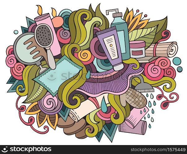 Spa hand drawn cartoon doodles illustration. Funny beauty design. Creative art vector background. Salon symbols, elements and objects. Colorful composition. Spa hand drawn cartoon doodles illustration.