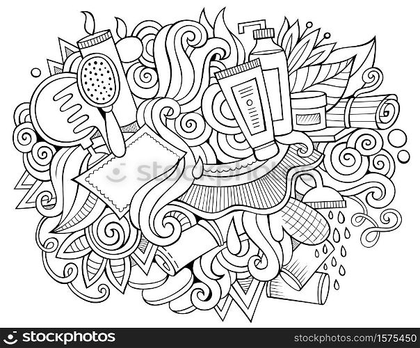 Spa hand drawn cartoon doodles illustration. Funny beauty design. Creative art vector background. Salon symbols, elements and objects. Sketchy composition. Spa hand drawn cartoon doodles illustration.