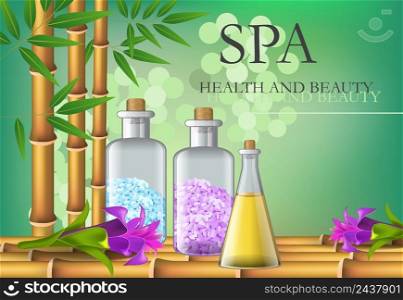 Spa, health and beauty lettering with bamboo and bottles. Spa salon advertising poster design. Typed text, calligraphy. For leaflets, flyers, brochures, posters or banners.