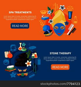 Spa health treatments with medicinal baths hot lava and river rock stone massage 2 flat banners vector illustration . Spa Treatments 2 Flat Banners