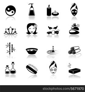 Spa healthcare salon herbal therapy relax beauty care black icons set isolated vector illustration