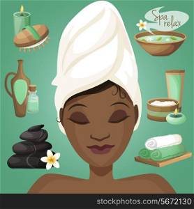Spa healthcare salon wellness icons with beautiful black woman face vector illustration
