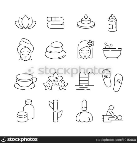 Spa icon set. Wellness therapy massage woman relaxing sauna pool with flowers candles and stones vector thin symbols. Beauty and spa, care and therapy illustration. Spa icon set. Wellness therapy massage woman relaxing sauna pool with flowers candles and stones vector thin symbols