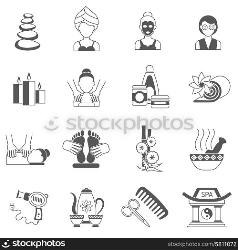 Spa icons black set with body and facial skin treatment isolated vector illustration. Spa Icons Black Set
