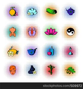 Spa icons set in comics style isolated on white background. Spa icons set, comics style