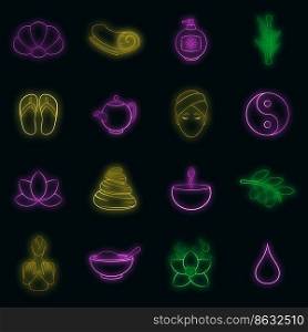Spa icons set in neon style. Beauty and care elements set collection vector illustration. Spa icons set vector neon