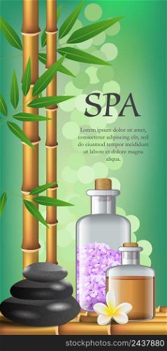 Spa lettering, flower, bamboo and bottles with oil and salt. Spa salon advertising poster design. Typed text, calligraphy. For leaflets, flyers, brochures, posters or banners.