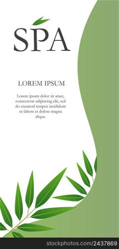 Spa lettering with leaves on green and white banner. Creative vertical leaflet with two segments. Illustration with lettering can be used for invitations, posters and flyers