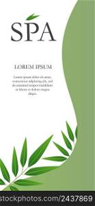 Spa lettering with leaves on green and white banner. Creative vertical leaflet with two segments. Illustration with lettering can be used for invitations, posters and flyers