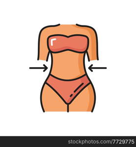 Spa massage, body lifting and weight loss icon isolated. Vector girl with sexy figure loss weight, lady in good shape, body health care treatment. Fitness, hydration and lifting, spa salon procedures. Woman in bikini slimming isolated outline icon