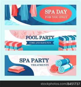 Spa party banners design with towels. Bright modern leaflet with rolled and stacked towels. Spa and relaxation concept. Template for poster, promotion or web design