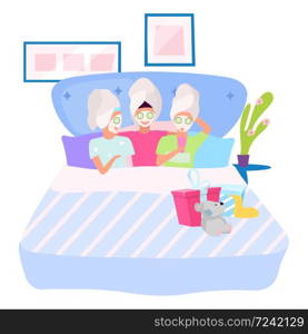 Spa party flat vector illustration. Girlfriend applying facial masks cartoon characters. Sleepover, slumber night party. Friends spending beauty time together, pastime. Female friendship concept