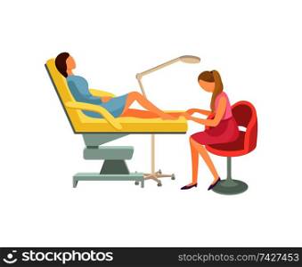 Spa pedicure procedure in room of beauty salon isolated vector banner. Woman client sitting in armchair and specialist varnish nails on toes under l&. Spa Pedicure Procedure in Room of Beauty Salon
