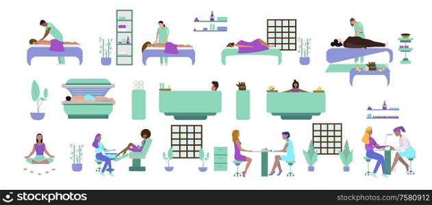 Spa people flat icon set with relaxing people massage spa yoga manicure pedicure vector illustration