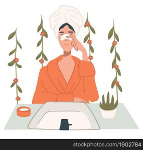 Spa procedure and treatment at home, isolated woman applying cream or patch for nose to get rid of blackheads and pores. Girl in bathroom taking care for face and wellness. Vector in flat style. Beauty procedure and treatment for face at home