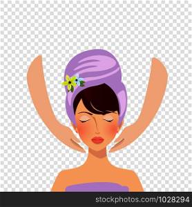 Spa procedure. Beautiful woman receiving facial massage. Top view masseur holding hands on cute girl face with closed eyes and turban on head isolated icon. Cartoon flat vector illustration, clip art. woman receiving facial massage or spa procedure